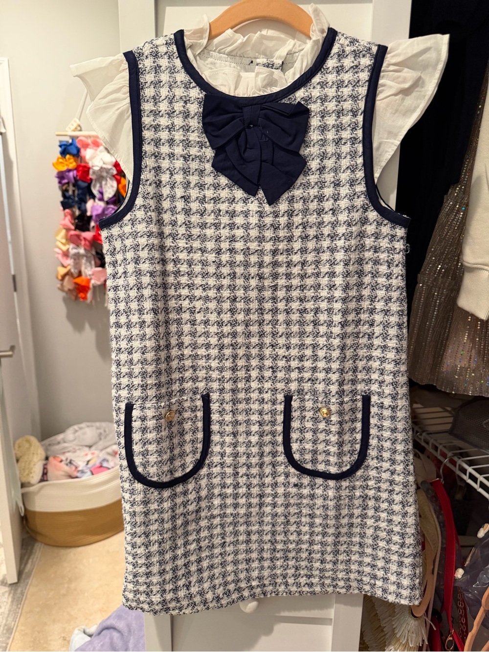 Janie and Jack Navy and White Tweed Dress with Bow